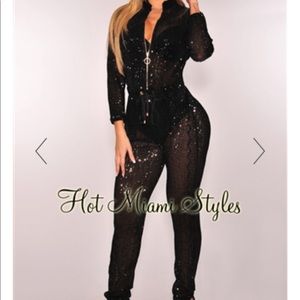 Black sequin drawstring jogger jumpsuit